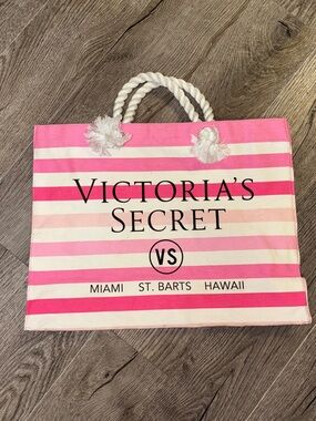 Victoria's Secret Pink and White Striped Canvas Beach Tote